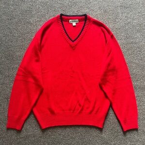 Vintage Haband Red V Neck Knit Long Sleeve Pullover Sweater Navy Trim Men’s XL